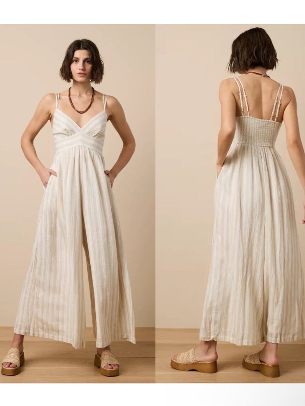 AE Beige Striped Jumpsuit with Spaghetti Straps